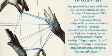 Εκδήλωση με θέμα “Δημιουργία αξιακού συστήματος στην οικογένεια, επανάσταση και εφηβεία, ώριμη ενηλικίωση”