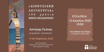 Εγκαίνια της έκθεσης του Αστέρη Γκέκα “ΔΙΟΝΥΣΙΑΚΗ ΛΕΙΤΟΥΡΓΙΑ 100 χρόνια ΜΙΚΗΣ ΘΕΟΔΩΡΑΚΗΣ” ζωγραφική – κατασκευές