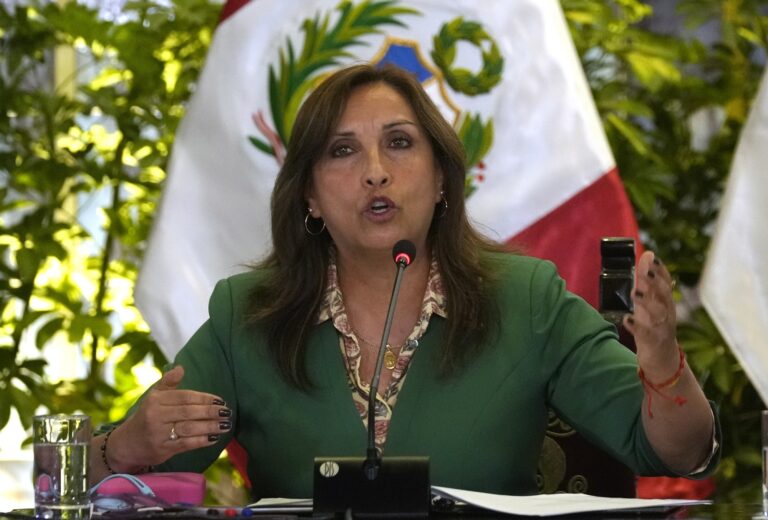 Peru's President Dina Boluarte speaks during a news conference at government palace in Lima, Peru, Thursday, Jan. 5, 2023. Protests against Boluarte that followed the ouster of her predecessor, Pedro Castillo, after he tried to dissolve Congress, have resumed after the holiday season. (AP Photo/Martin Mejia)