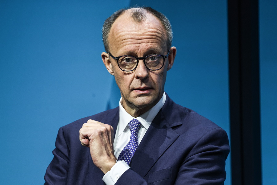 epa11911301 Chairman of the Christian Democratic Union (CDU) party and chancellor candidate Friedrich Merz looks on during an election campaign event in Berlin, Germany, 20 February 2025. Germany will hold early federal elections on 23 February 2025, to elect a new Bundestag (parliament). EPA/FILIP SINGER