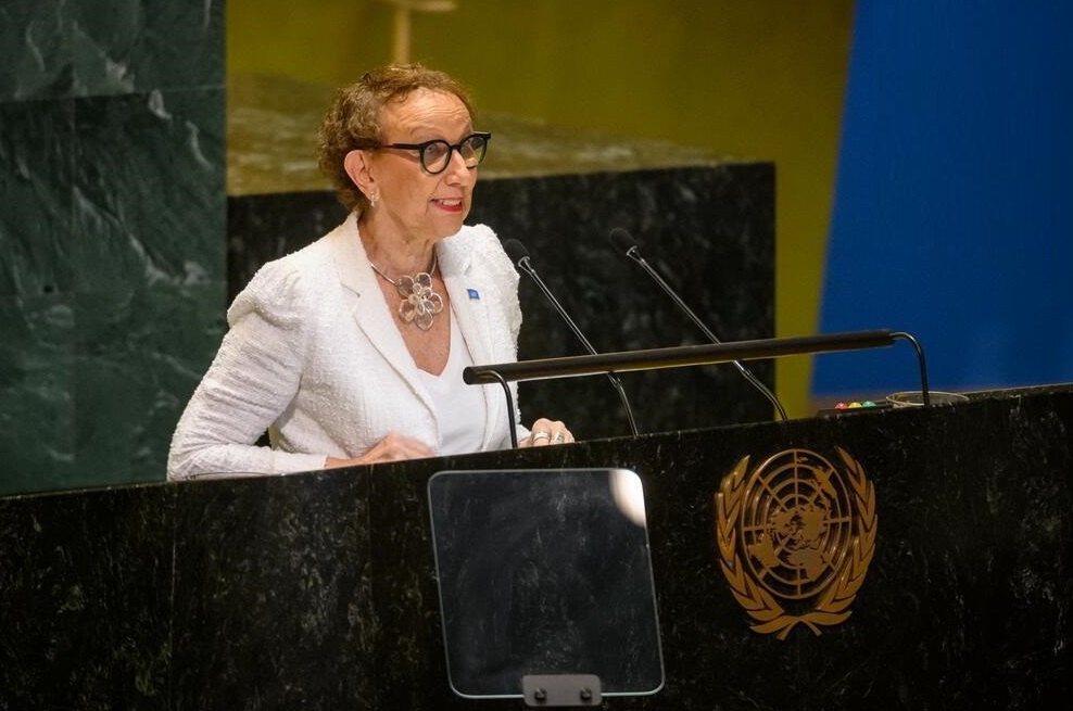 Rebeca Grynspan, Secretary-General of the United Nations Conference on Trade and Development (UNCTAD), addresses the high-level meeting on Middle-Income Countries of the General Assembly on the theme “Addressing Structural Barriers to Sustainable Development in Middle-Income Countries”. On the screens are Philemon Yang, President of the seventy-ninth session of the United Nations General Assembly.
