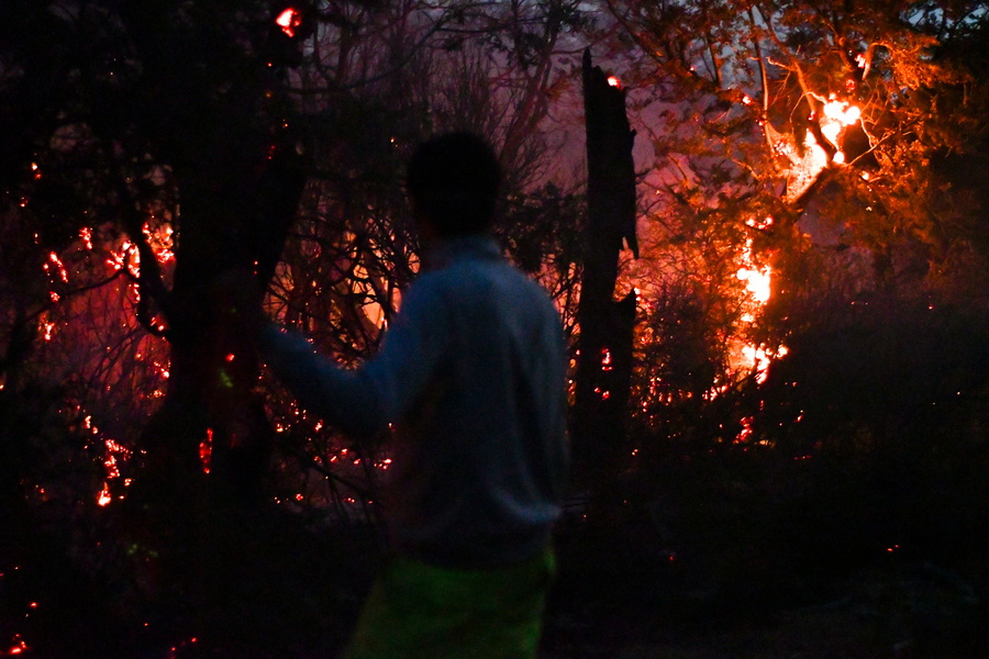 epa12689469 A person observes a fire in Cholila, in the province of Chubut, Argentina, 27 January 2026 (Issued 28 January 2026). Weather conditions have intensified the fires in the province of Chubut, in Patagonia, Argentina, which have already affected more than 35,000 hectares of forest in Los Alerces National Park and Puerto Patriada, despite the efforts of some 600 firefighters, brigade members, and support staff fighting the blaze. EPA/STRINGER