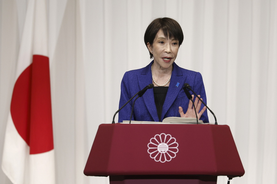 epa12719297 Japan's Prime Minister Sanae Takaichi, leader of the ruling Liberal Democratic Party (LDP), speaks during a press conference at the LDP headquarters in Tokyo, Japan, 09 February 2026. Japan's ruling Liberal Democratic Party secured more than two-thirds of the seats in the House of Representatives in a historic landslide, giving Prime Minister Takaichi a strong mandate to advance her conservative policy agenda. EPA/FRANCK ROBICHON / POOL