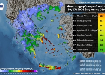 Το ανεμολογικό πεδίο το πρωί της Πέμπτης 30 Ιουλίου 2026