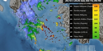 Το ανεμολογικό πεδίο το πρωί της Πέμπτης 30 Ιουλίου 2026