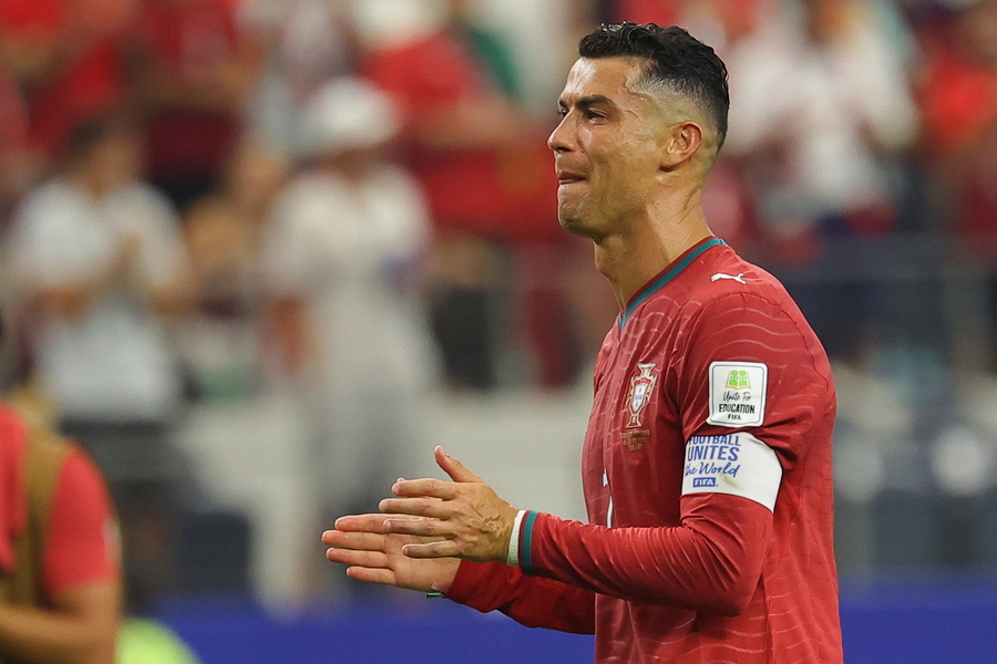epa13093050 Cristiano Ronaldo of Portugal reacts after their defeat in the FIFA World Cup 2026 Round of 16 match Portugal against Spain, in Dallas, USA, 06 July 2026. EPA/CHRISTOPHER NEUNDORF