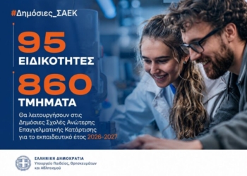 95 ειδικότητες και 860 τμήματα στις Δημόσιες Σ.Α.Ε.Κ. για το εκπαιδευτικό έτος 2026-2027