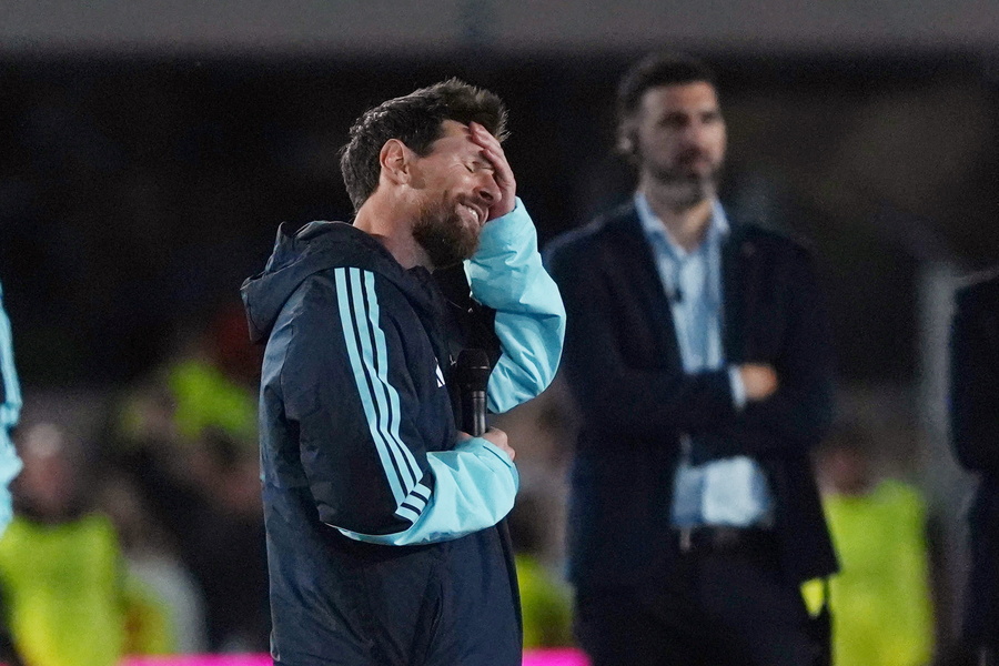 epa13286315 Argentina's Lionel Messi speaks after an international friendly match between Argentina and Benin at the Estadio Monumental in Buenos Aires, Argentina, 06 October 2026. The match marks the final international appearance for Messi, ending his 21-year career with the Argentina national team. EPA/Adán González