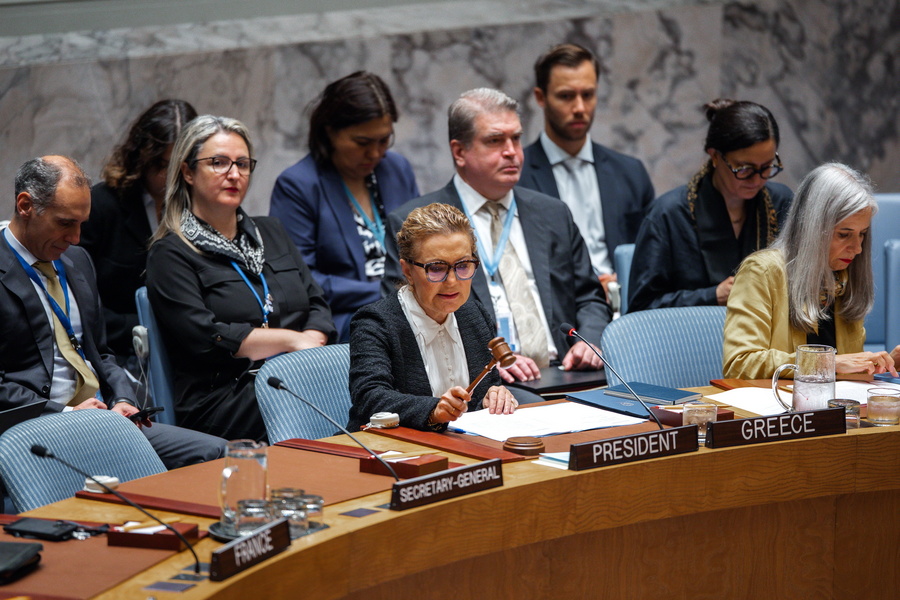 epa13306438 Aglaia Balta (C), Permanent Representative of Greece to the United Nations and current UN Security Council President, chairs the quarterly open debate on the situation in the Middle East, including the Palestinian question, at the United Nations headquarters, in New York, New York, USA, 15 October 2026. EPA/OLGA FEDOROVA
